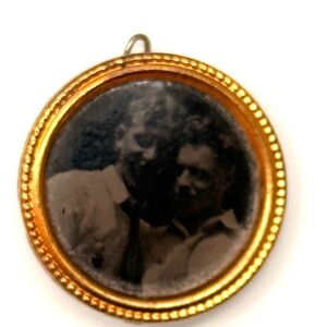 Vintage Round Portrait Tintype Photo 1" Pin Brooch Gold Toned Brass 19th Century